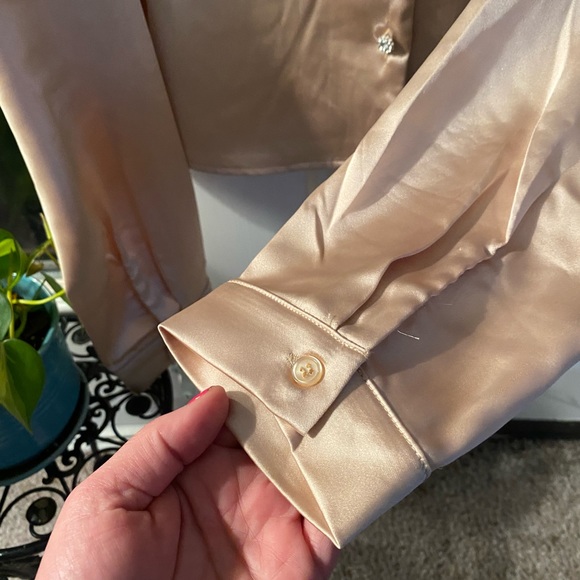 Silky Champagne Blouse with three rhine stone buttons, Size L - Picture 10 of 11